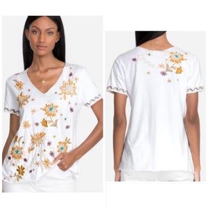 Johnny Was Embroidered Elia Pleat Top White Multicolor Floral XL